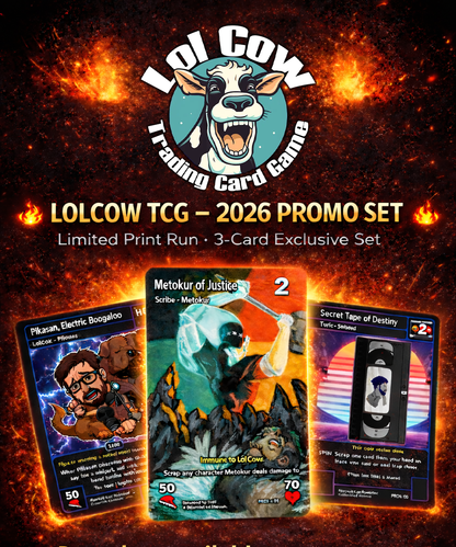 LolCow TCG 2026 Promo Set (3 Cards) –  Metokur of Justice + Pikasan, Electric Boogaloo + Secret Tape of Destiny